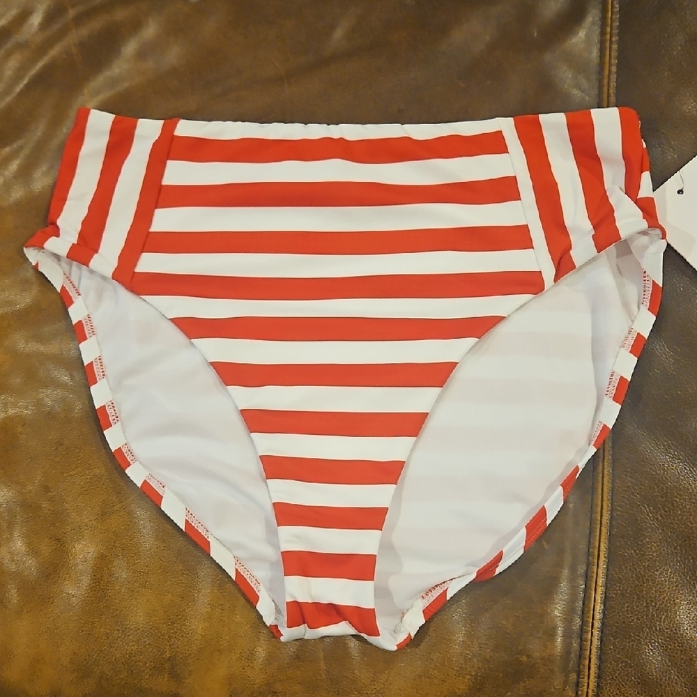 Gibson Latimer High‎ Waist Red And White Stripe Swim Bottom: Size-  Medium